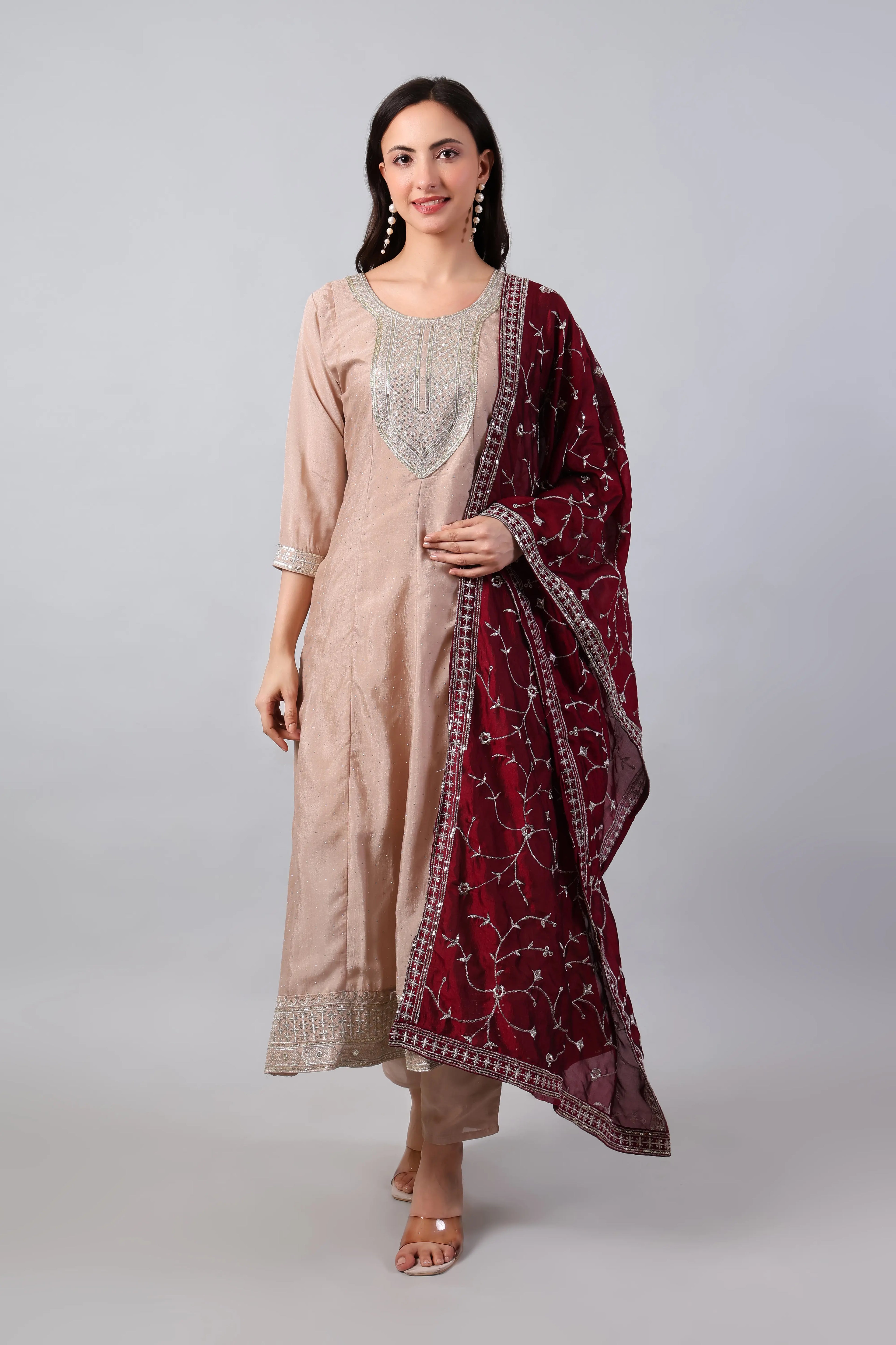 Beige Anarkali with Maroon Dupatta