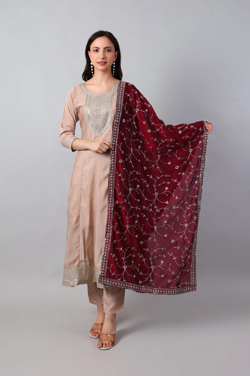 Beige Anarkali with Maroon Dupatta