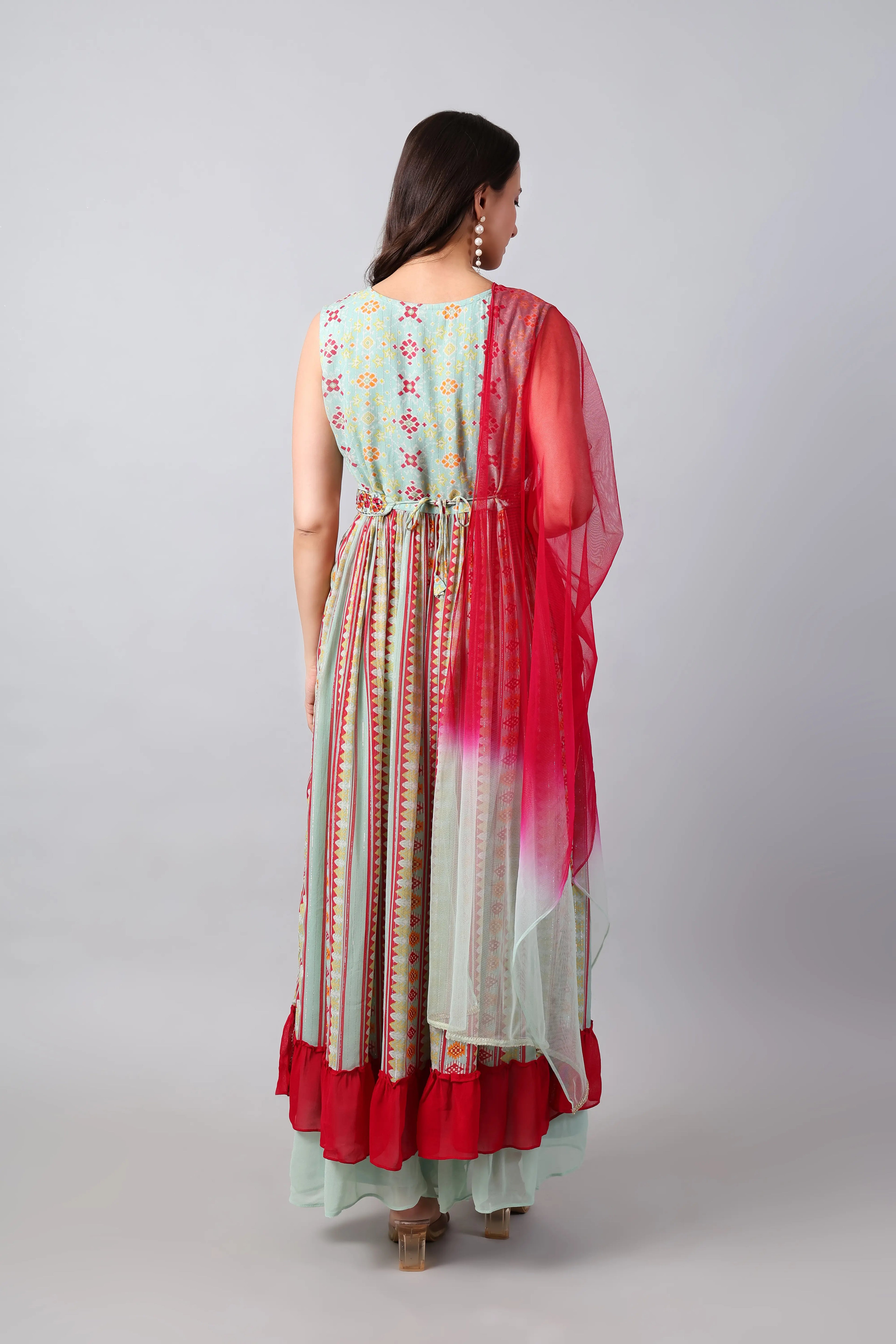 Mint and Magenta Georgette Kurta Pant with Net Dupatta
