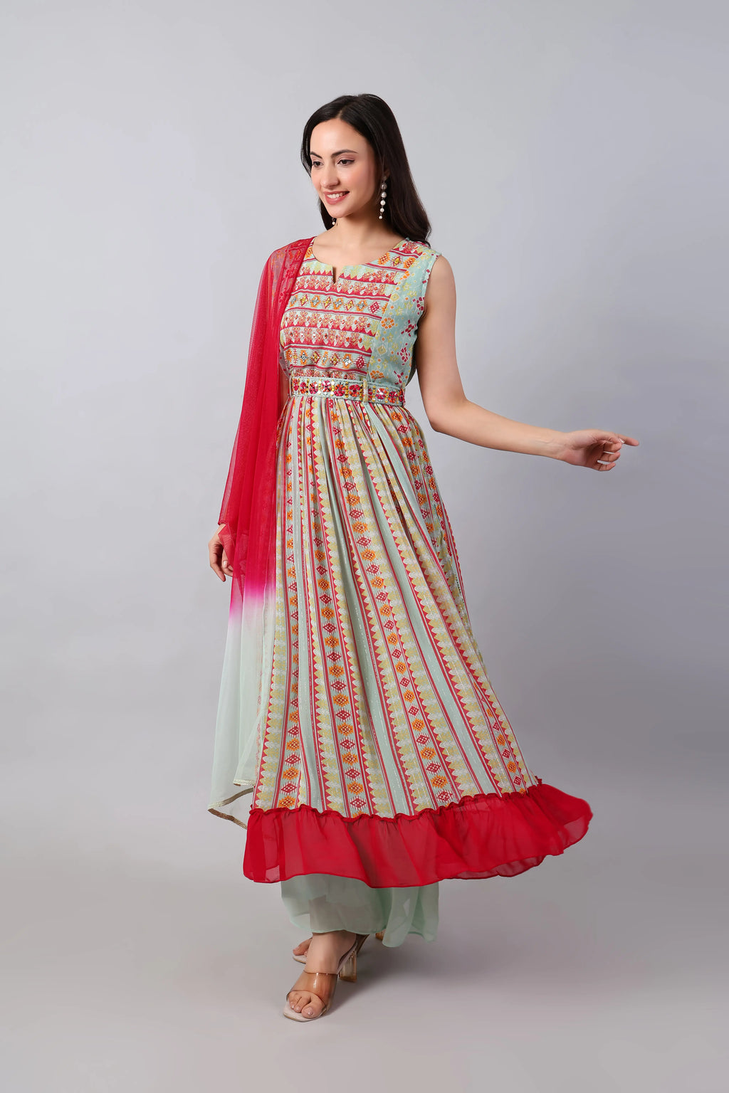 Mint and Magenta Georgette Kurta Pant with Net Dupatta