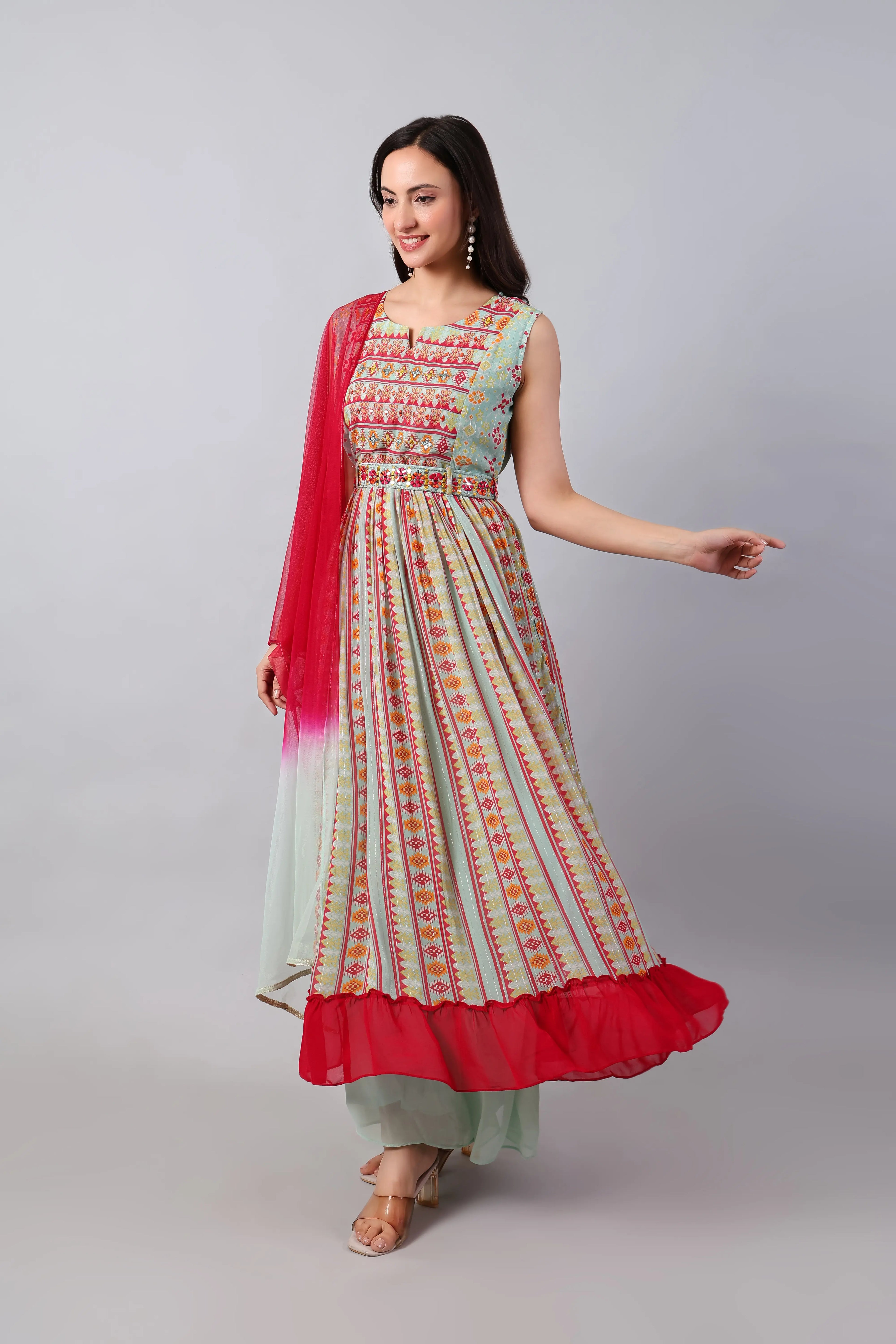Mint and Magenta Georgette Kurta Pant with Net Dupatta