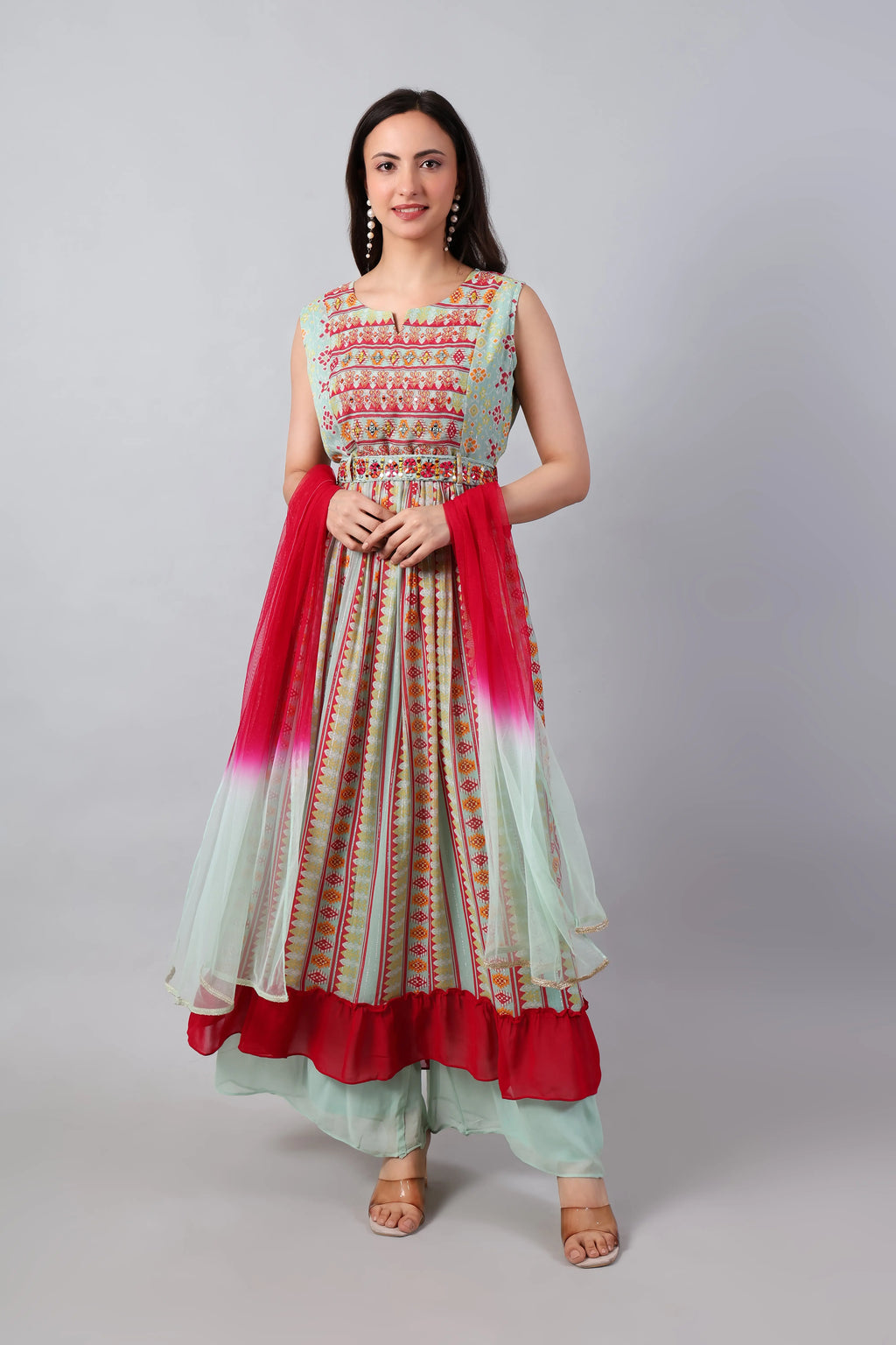 Mint and Magenta Georgette Kurta Pant with Net Dupatta