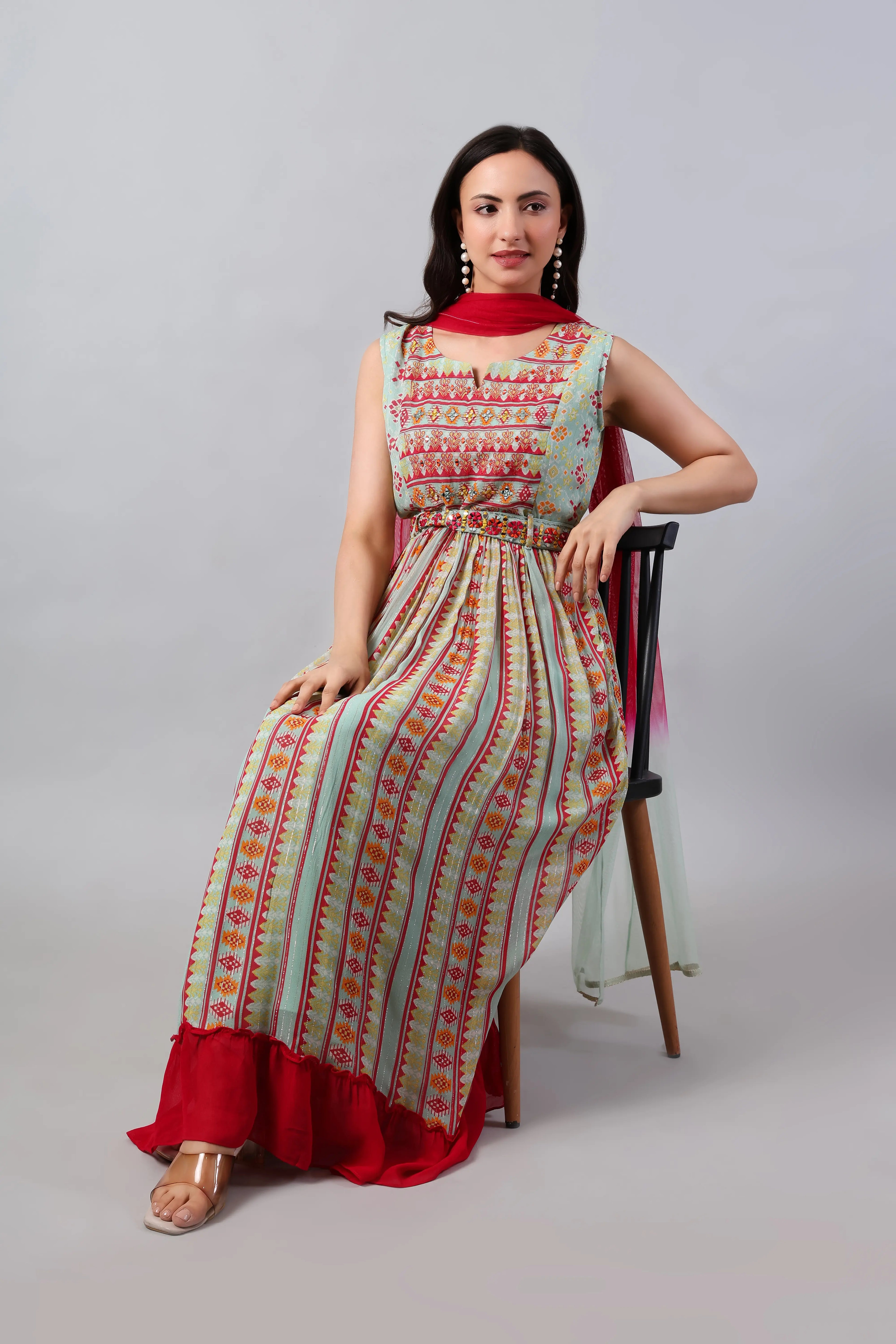 Mint and Magenta Georgette Kurta Pant with Net Dupatta
