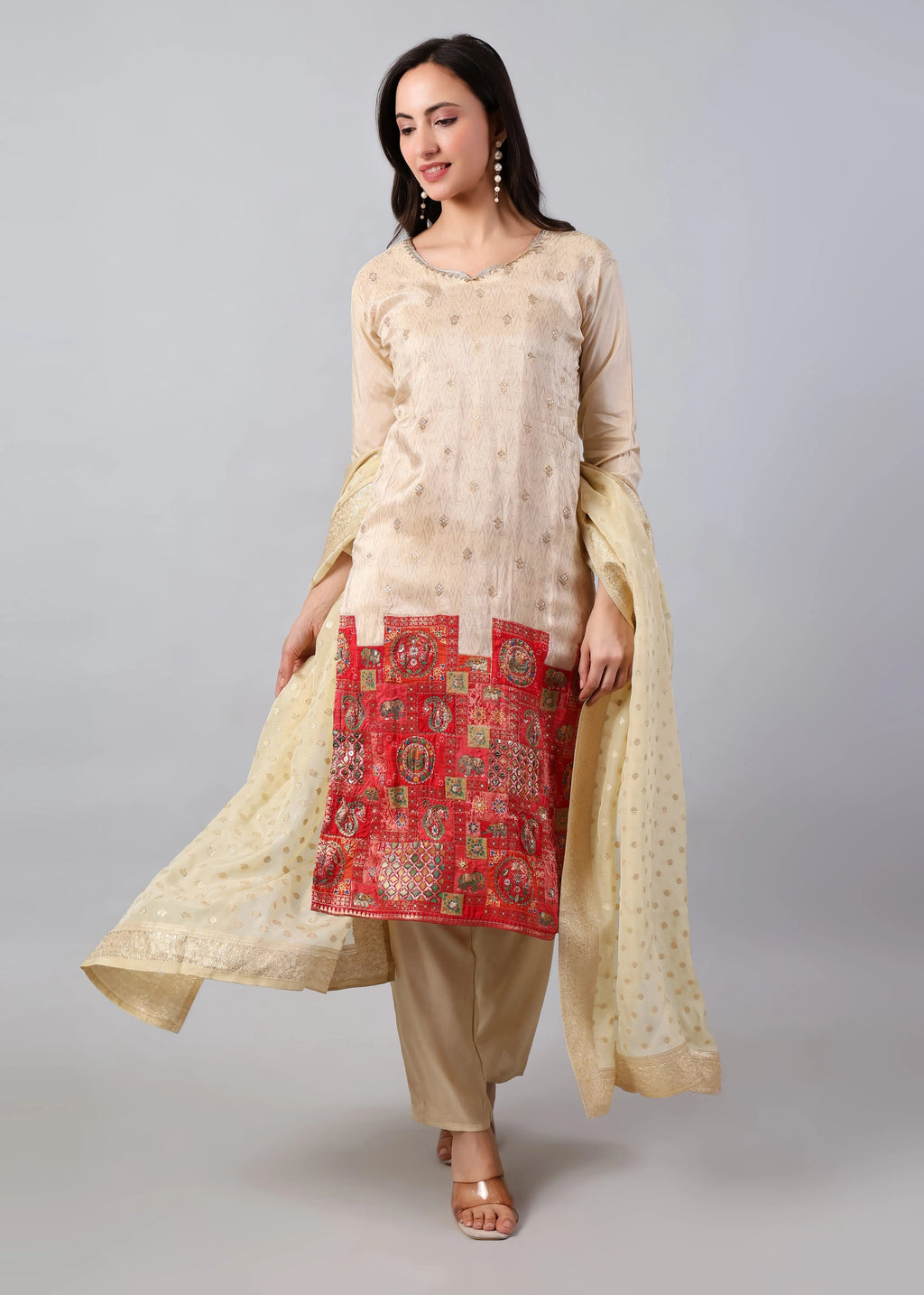 Ivory Russian silk kurta set with zari embroidery and red panel dupatta, featuring traditional festive design by Shuchi Man.