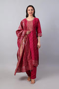 Magenta heritage Chanderi silk kurta set with Banarasi dupatta by Shuchi Man, featuring intricate embroidery and traditional design.