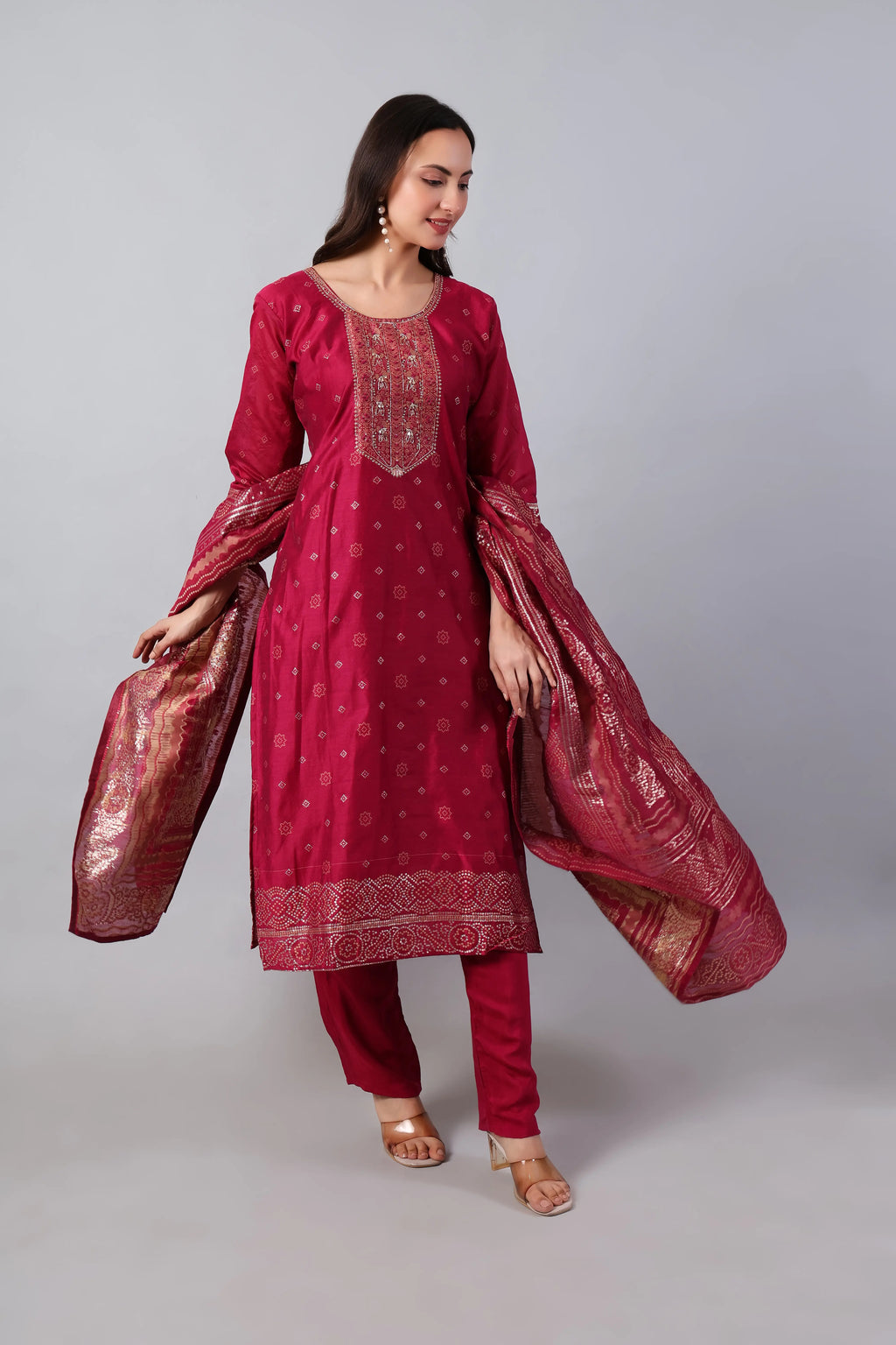 Magenta Heritage Chanderi Silk Kurta Set by Shuchi Man with Banarasi dupatta, showcasing intricate traditional embroidery.