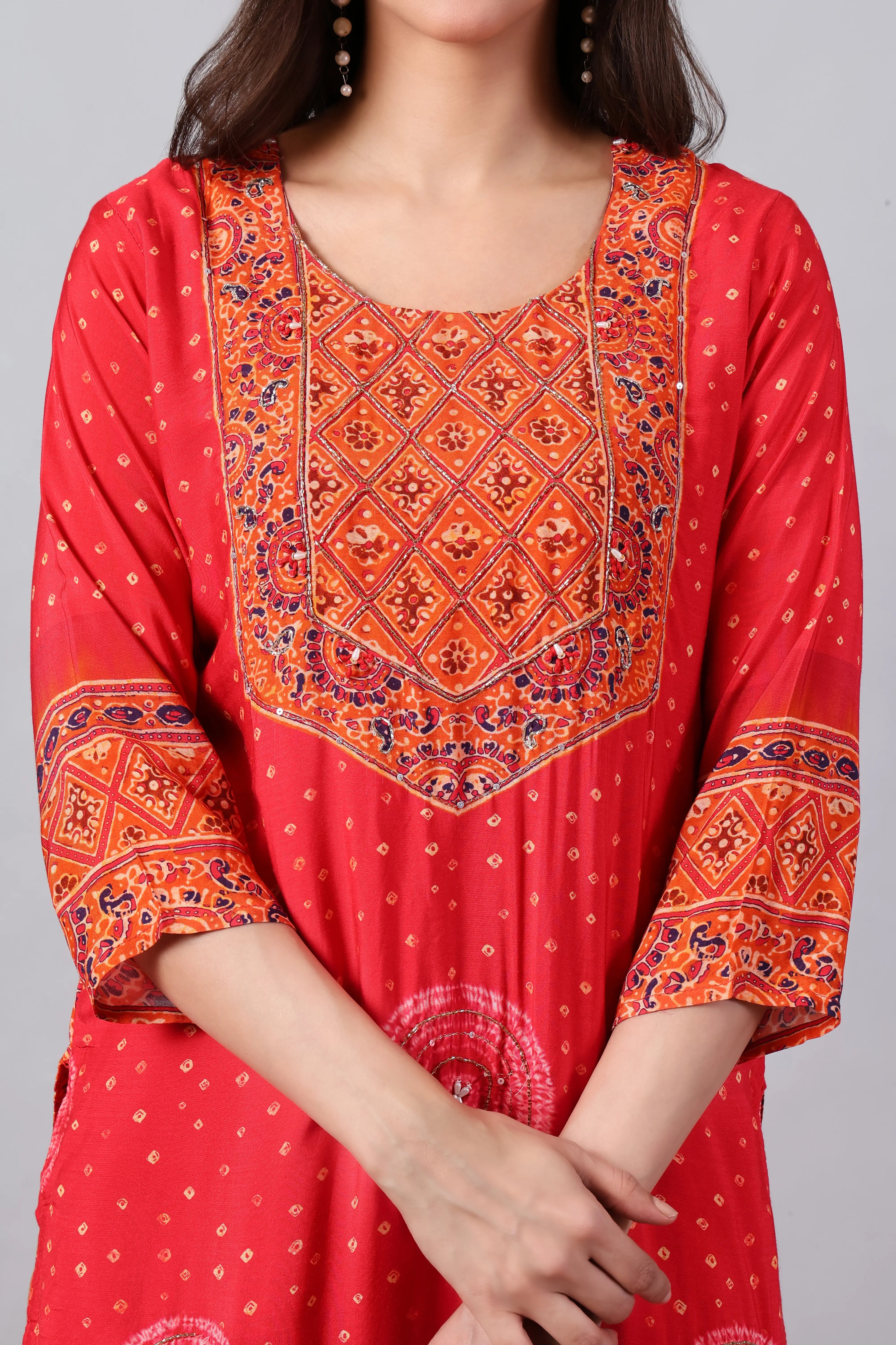 Bandhej Red Orange Rayon Kurta Pant