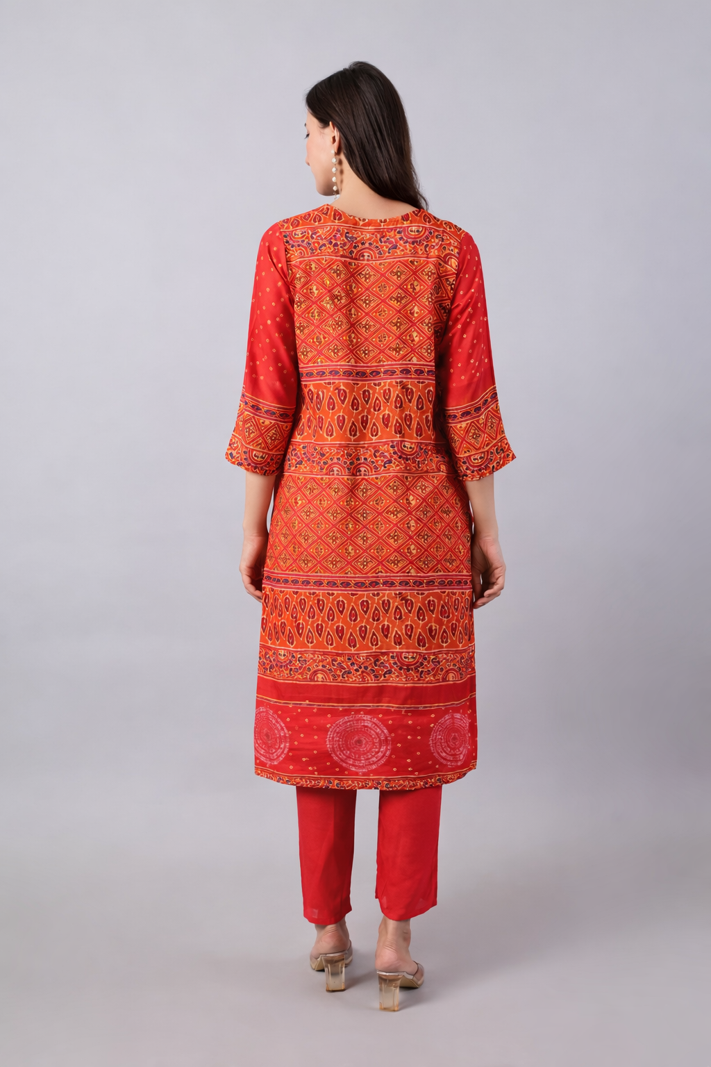 Bandhej Red Orange Rayon Kurta Pant