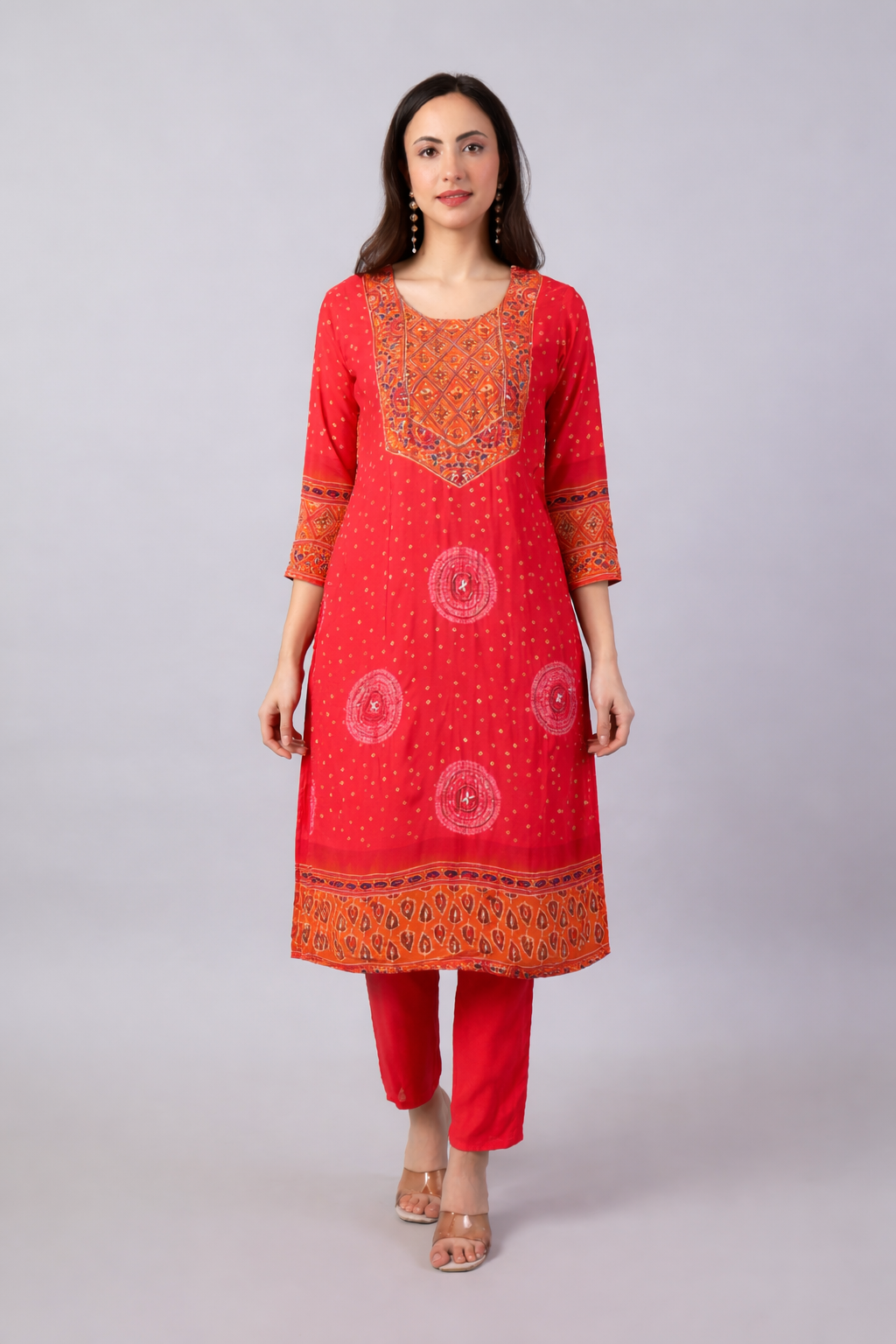 Bandhej Red Orange Rayon Kurta Pant