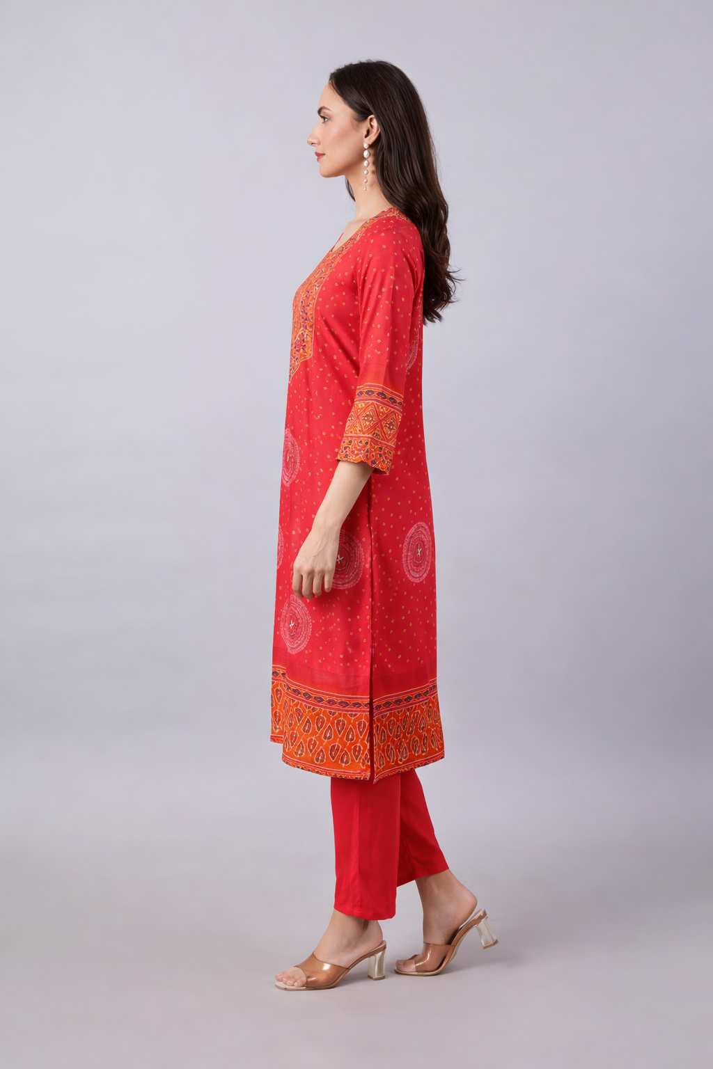 Bandhej Red Orange Rayon Kurta Pant
