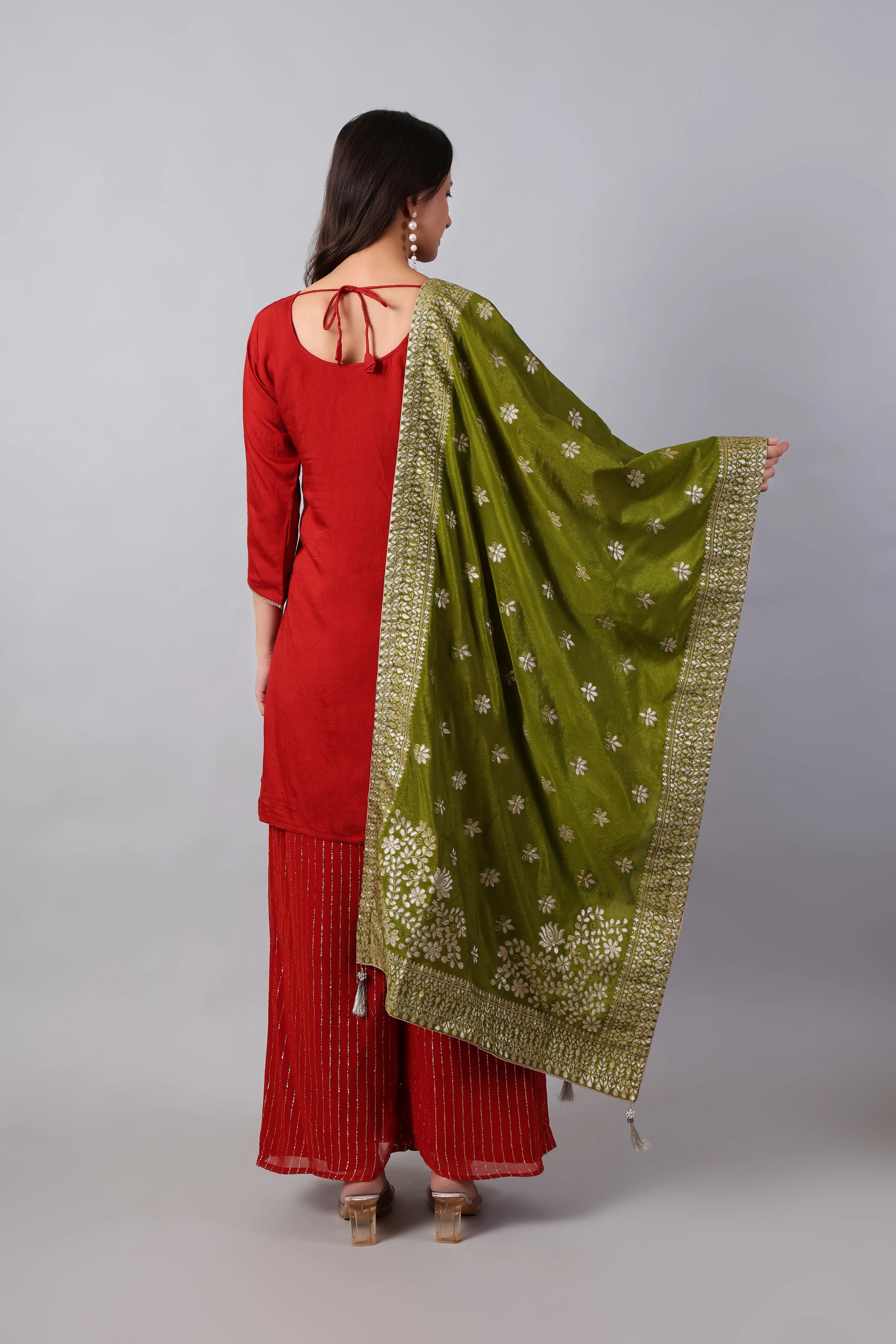 Red silk embroidered kurta with striped palazzo and mehndi green zari dupatta, Shuchi Man traditional Indian outfit.