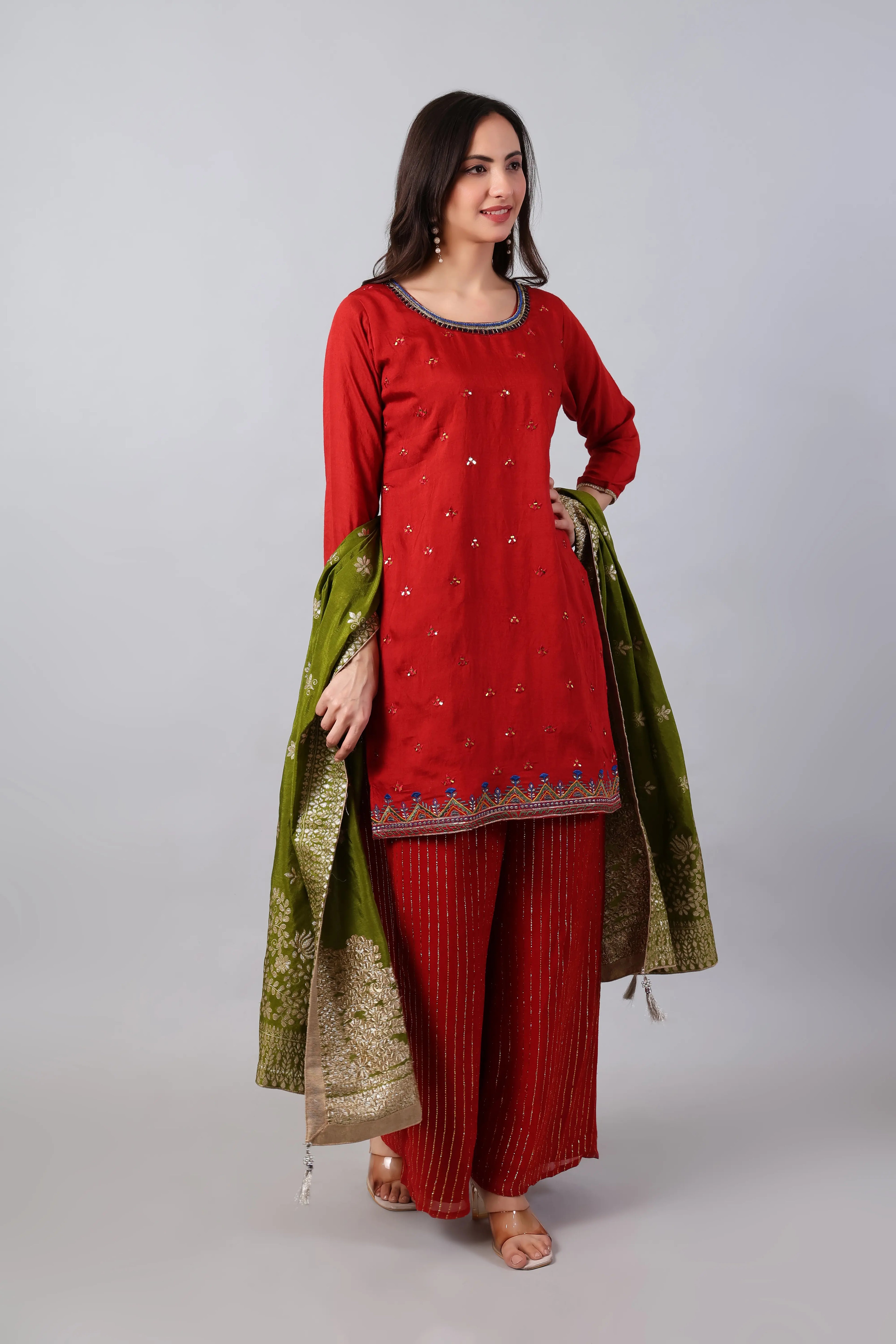 Red embroidered silk kurta with striped palazzo and mehndi green zari dupatta by Shuchi Man