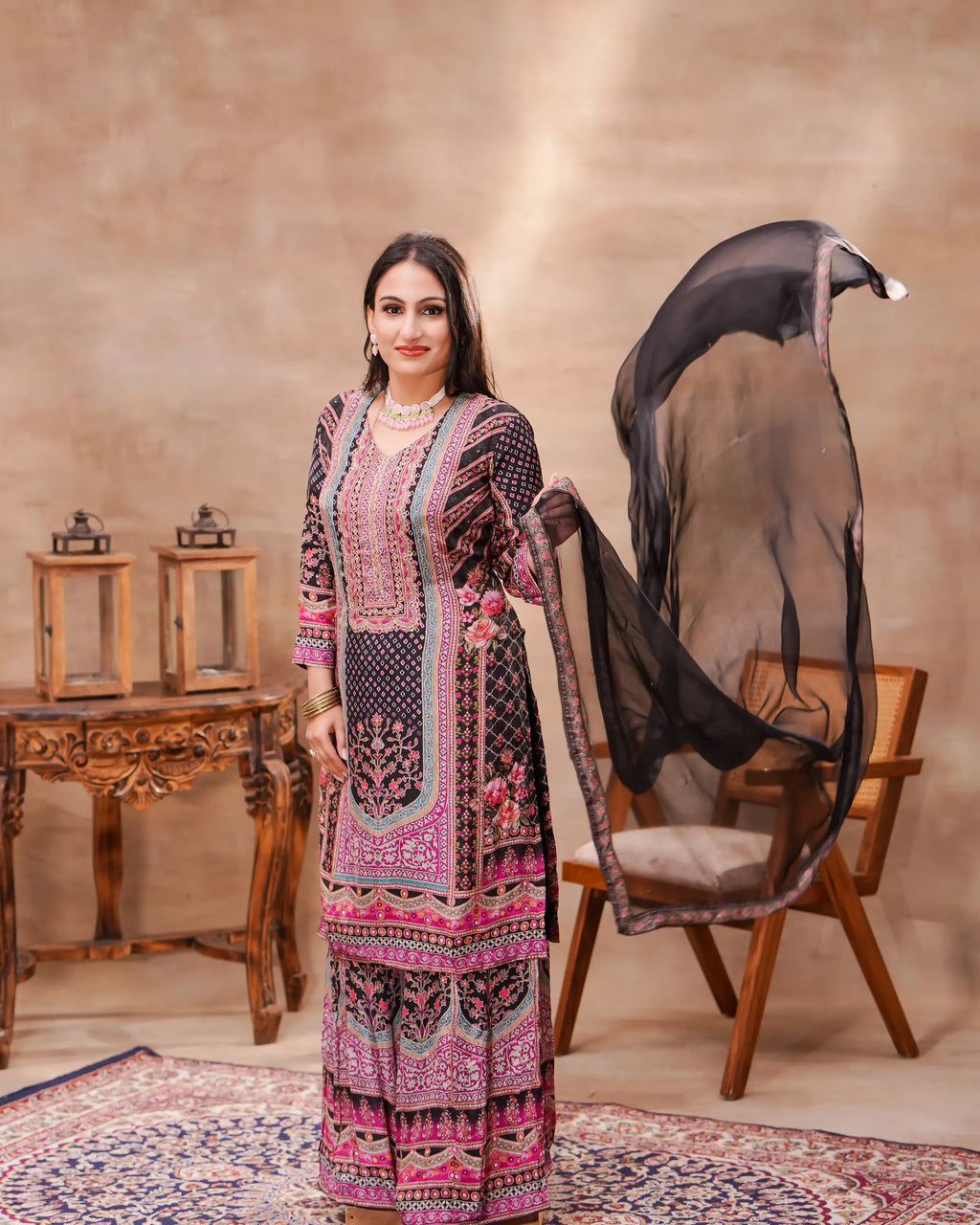 Black & Pink Crepe Printed Kurta Set with Dupatta