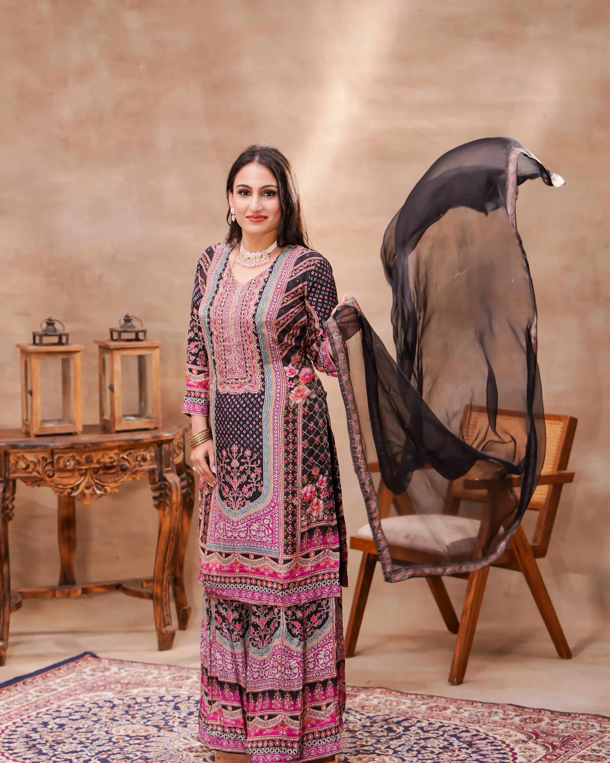 Black & Pink Crepe Printed Kurta Set with Dupatta