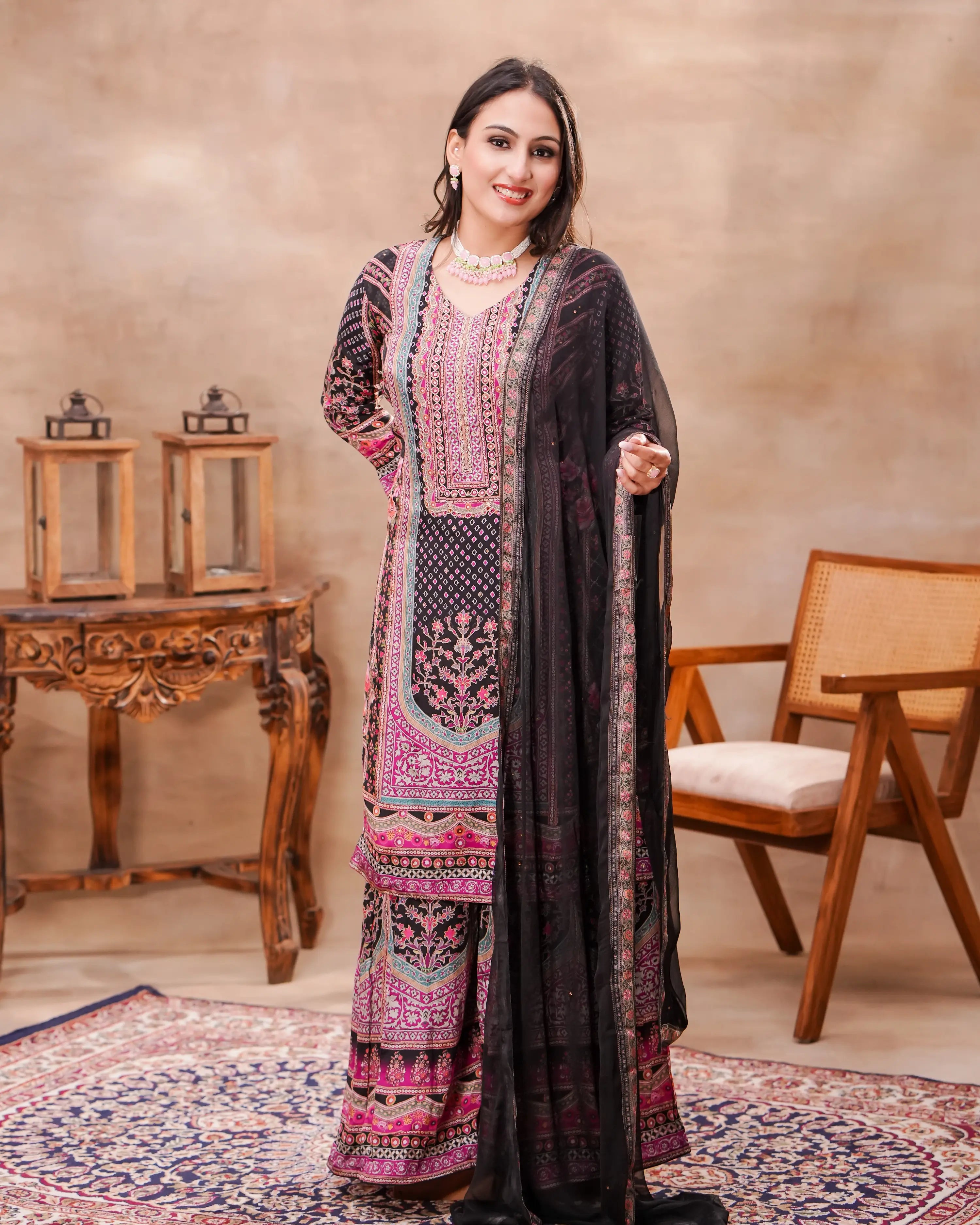 Black & Pink Crepe Printed Kurta Set with Dupatta