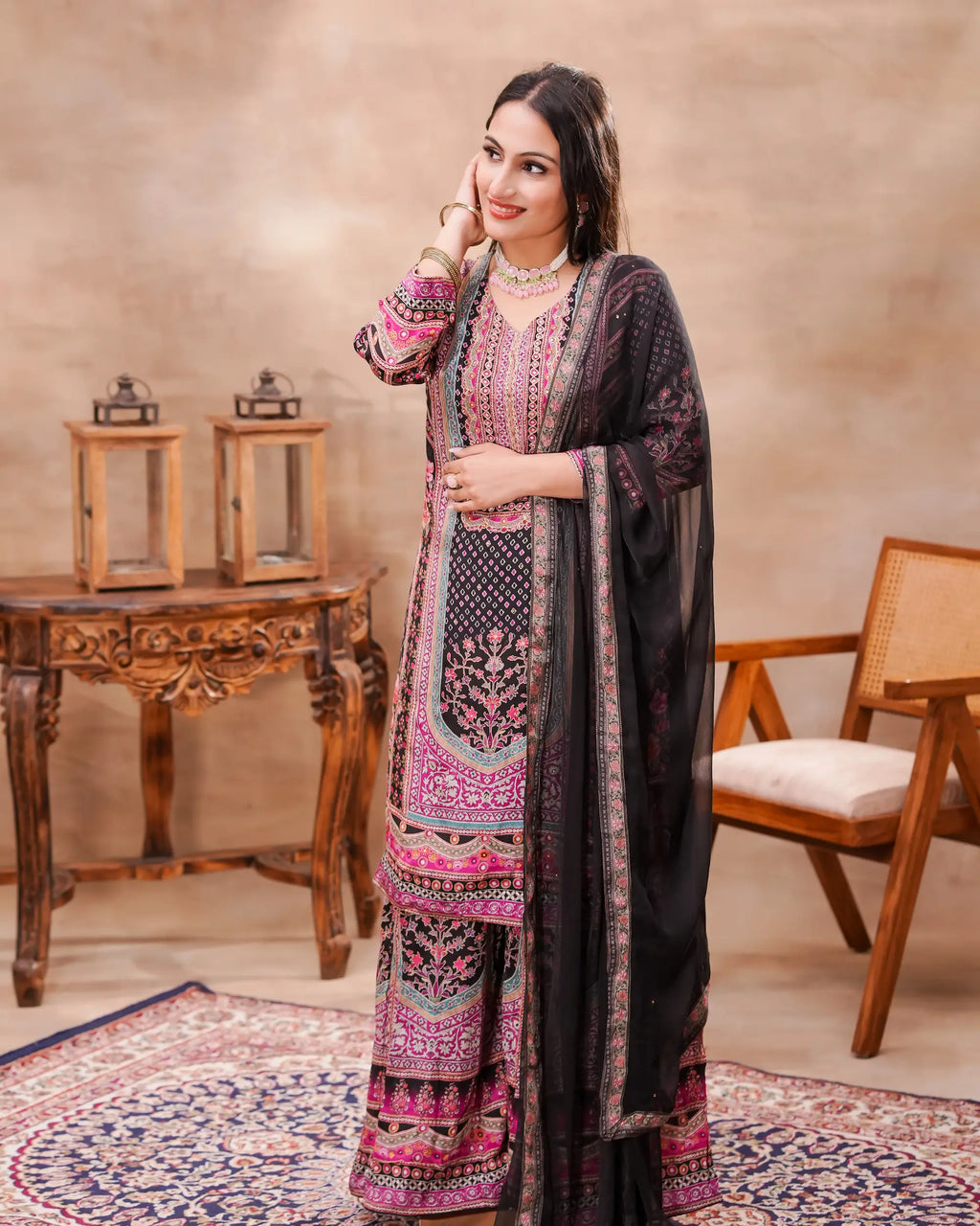 Black & Pink Crepe Printed Kurta Set with Dupatta