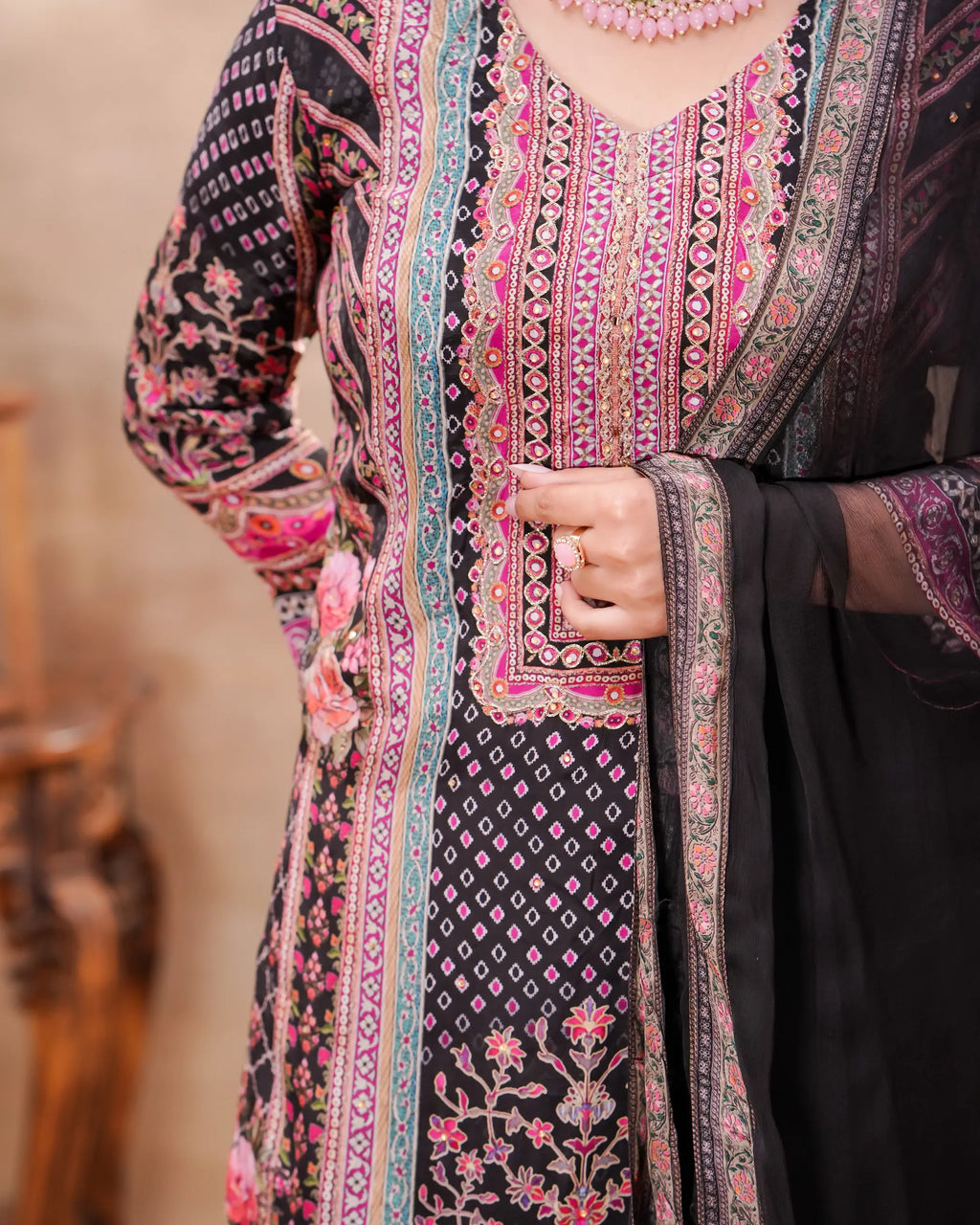 Black & Pink Crepe Printed Kurta Set with Dupatta