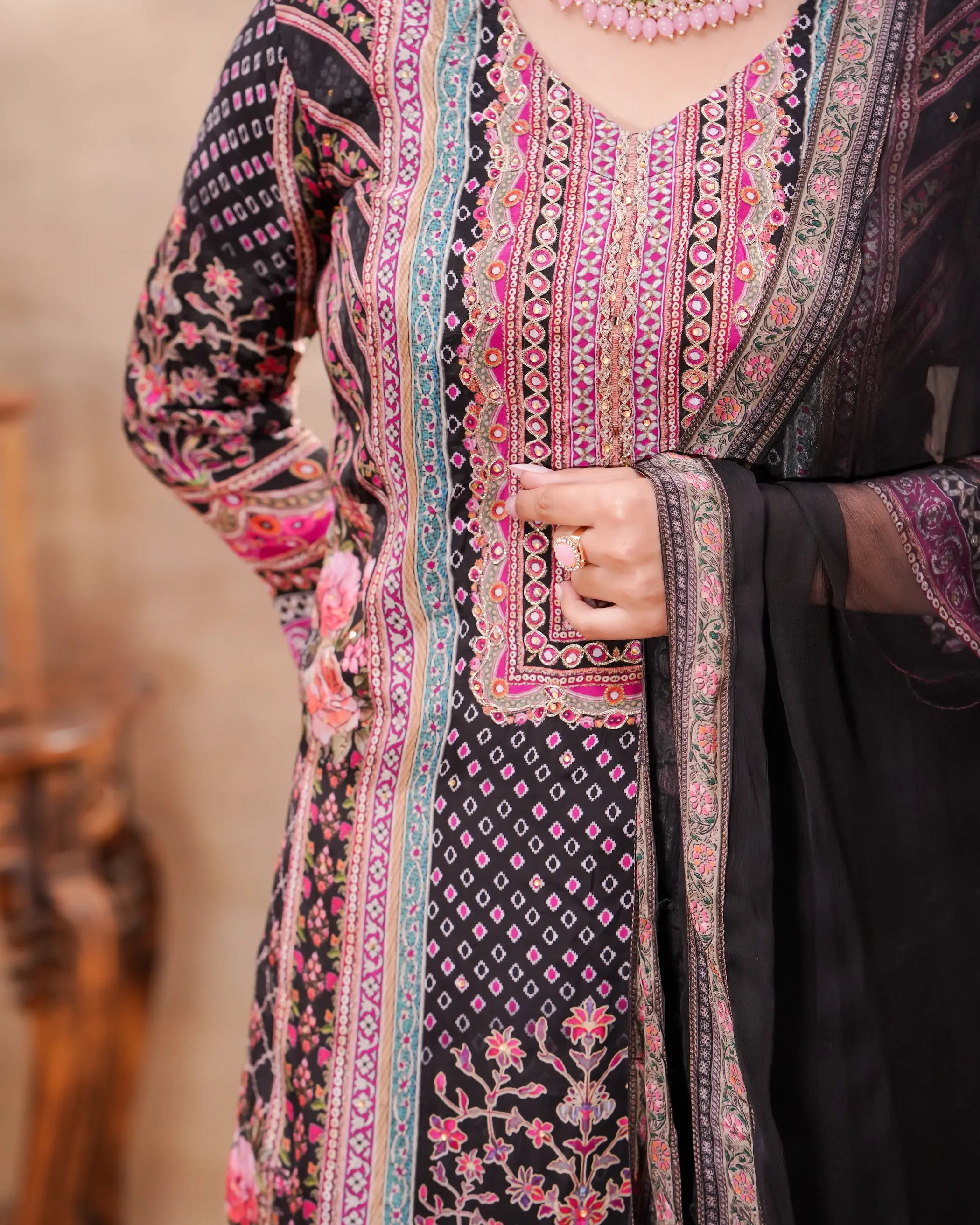 Black & Pink Crepe Printed Kurta Set with Dupatta
