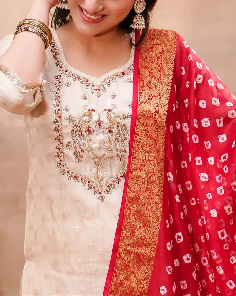 White Ivory Silk Kurta Set with Red Bandhani Silk Dupatta – Shuchi Man