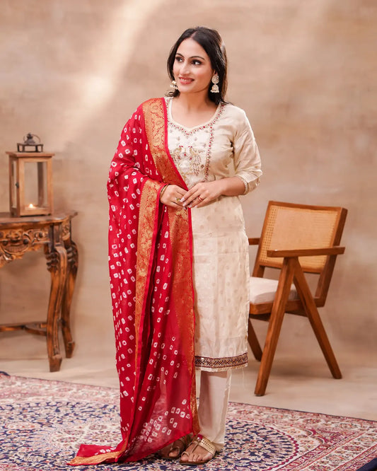 White Ivory Silk Kurta Set with Red Bandhani Silk Dupatta – Shuchi Man