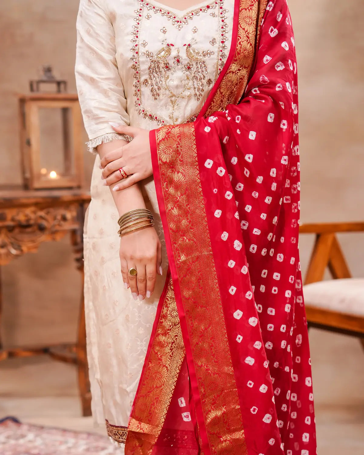 White Ivory Silk Kurta Set with Red Bandhani Silk Dupatta – Shuchi Man