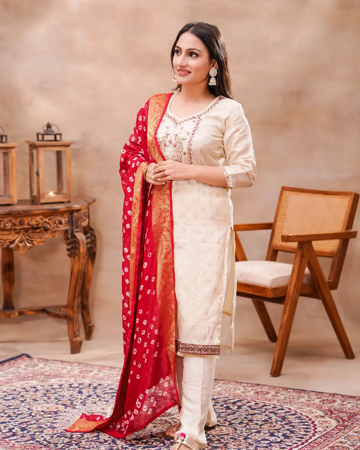 White Ivory Silk Kurta Set with Red Bandhani Silk Dupatta – Shuchi Man