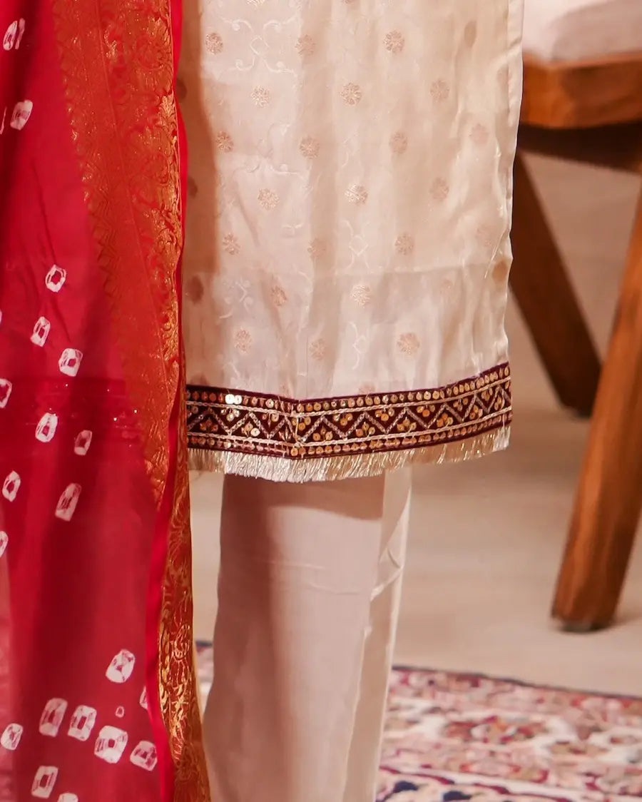 White Ivory Silk Kurta Set with Red Bandhani Silk Dupatta – Shuchi Man