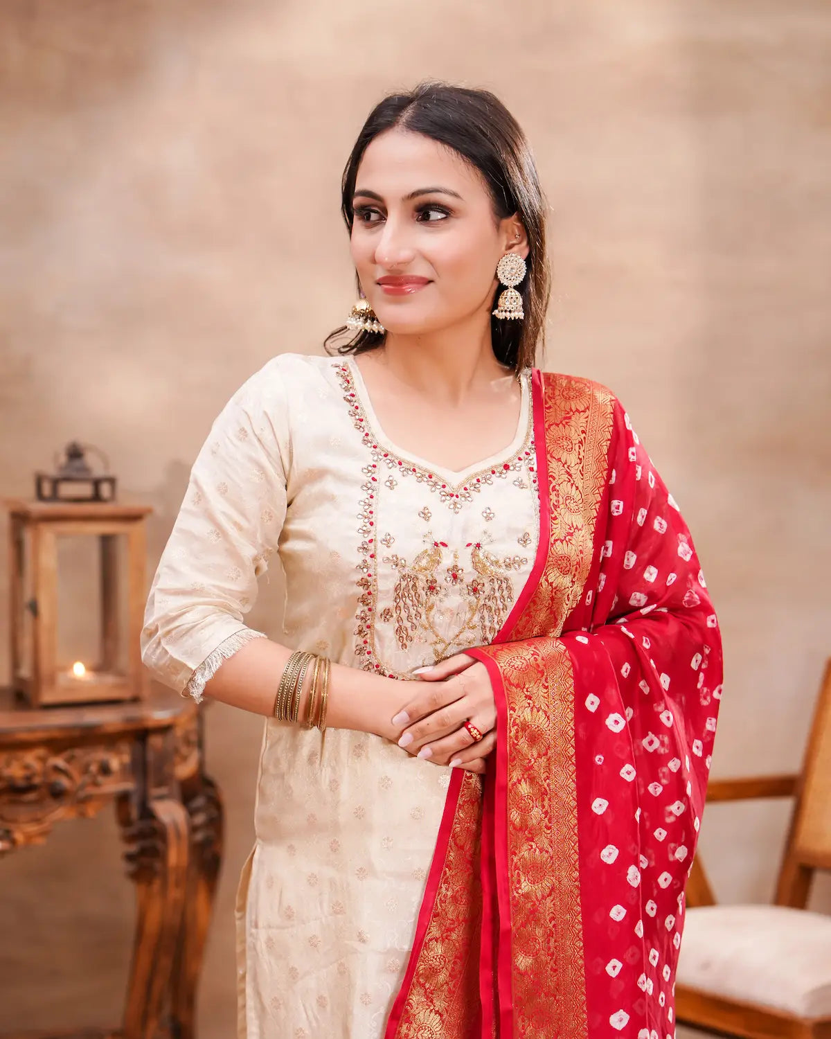 White Ivory Silk Kurta Set with Red Bandhani Silk Dupatta – Shuchi Man