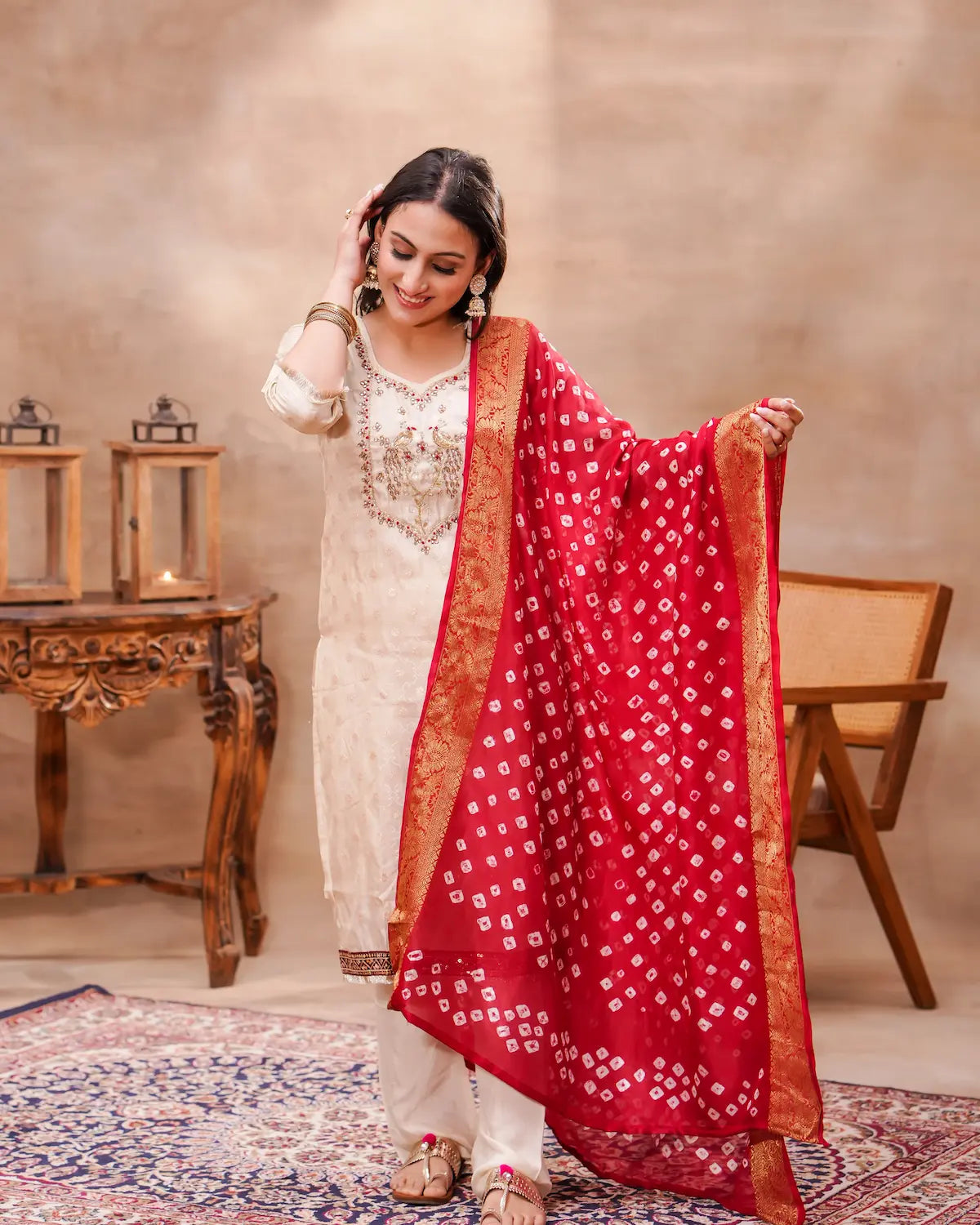 White Ivory Silk Kurta Set with Red Bandhani Silk Dupatta – Shuchi Man