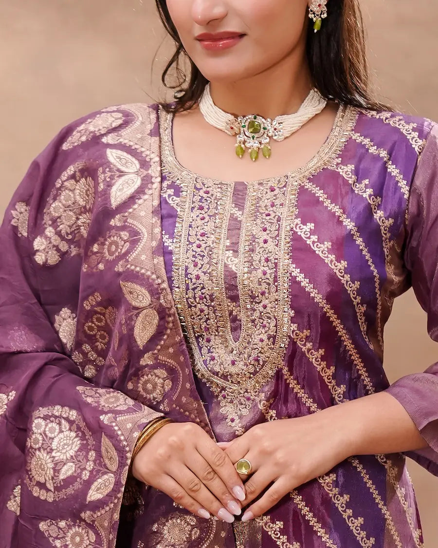 Purple Jacquard Kurta Set with Silk Dupatta – Shuchi Man