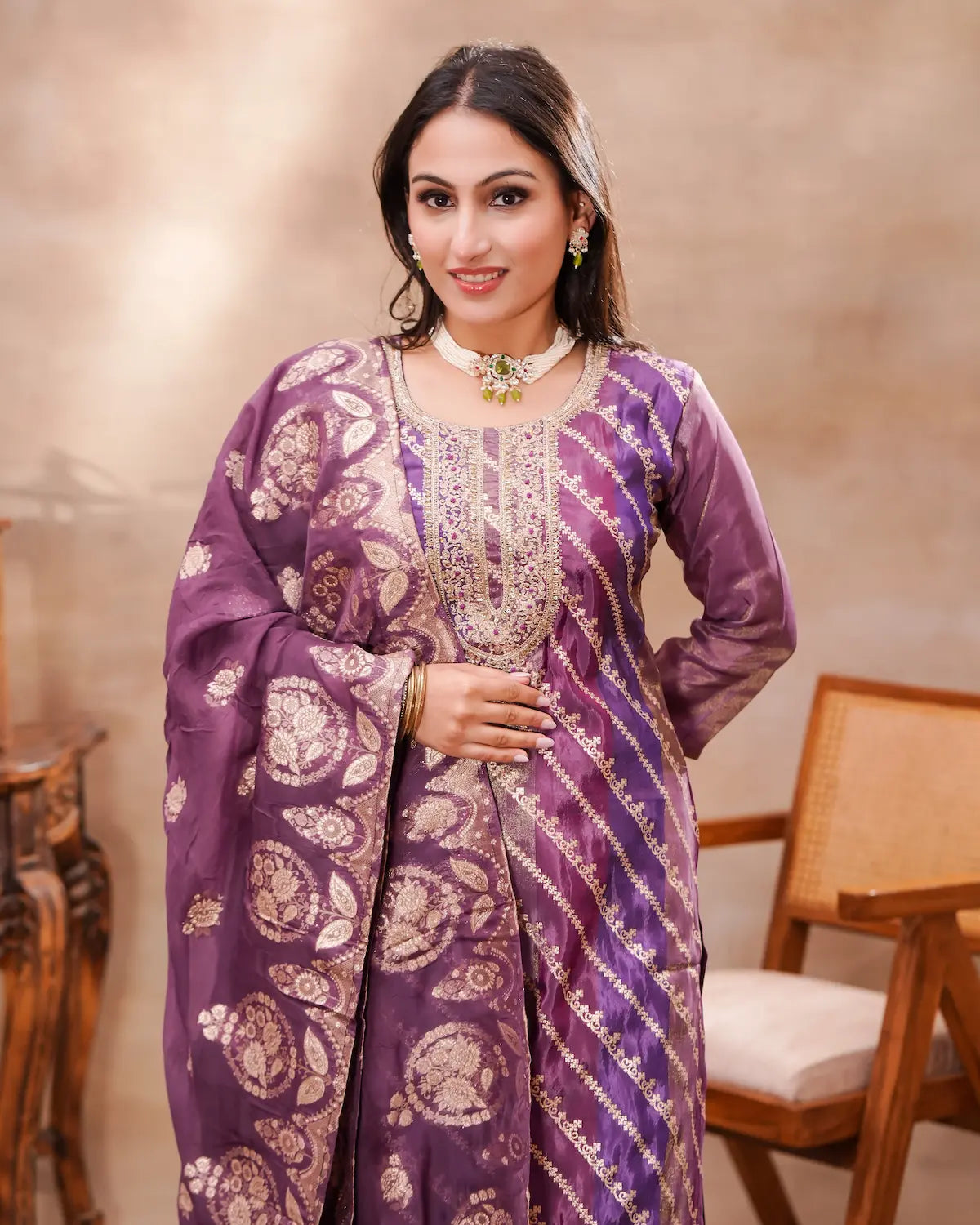 Purple Jacquard Kurta Set with Silk Dupatta – Shuchi Man