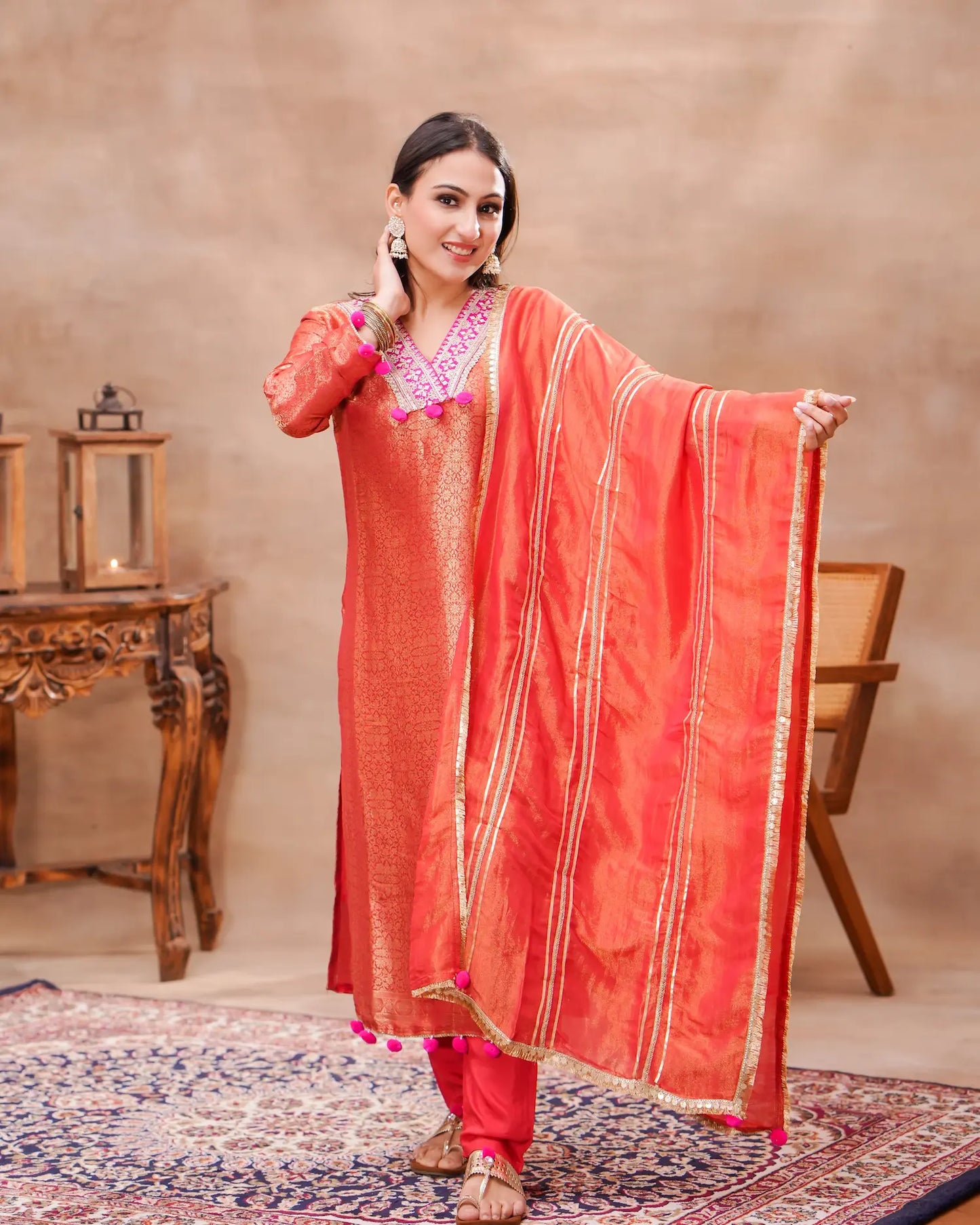 Rust Brocade Silk Kurta Set with Silk Dupatta – Shuchi Man