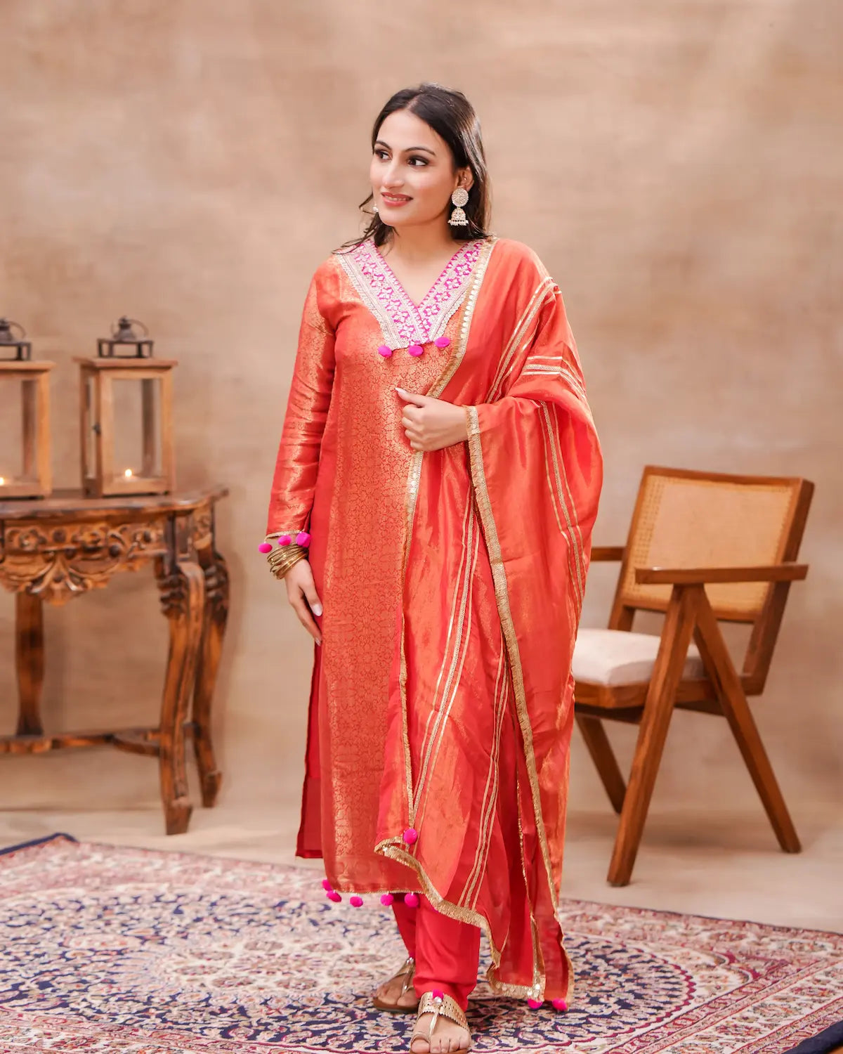 Rust Brocade Silk Kurta Set with Silk Dupatta – Shuchi Man