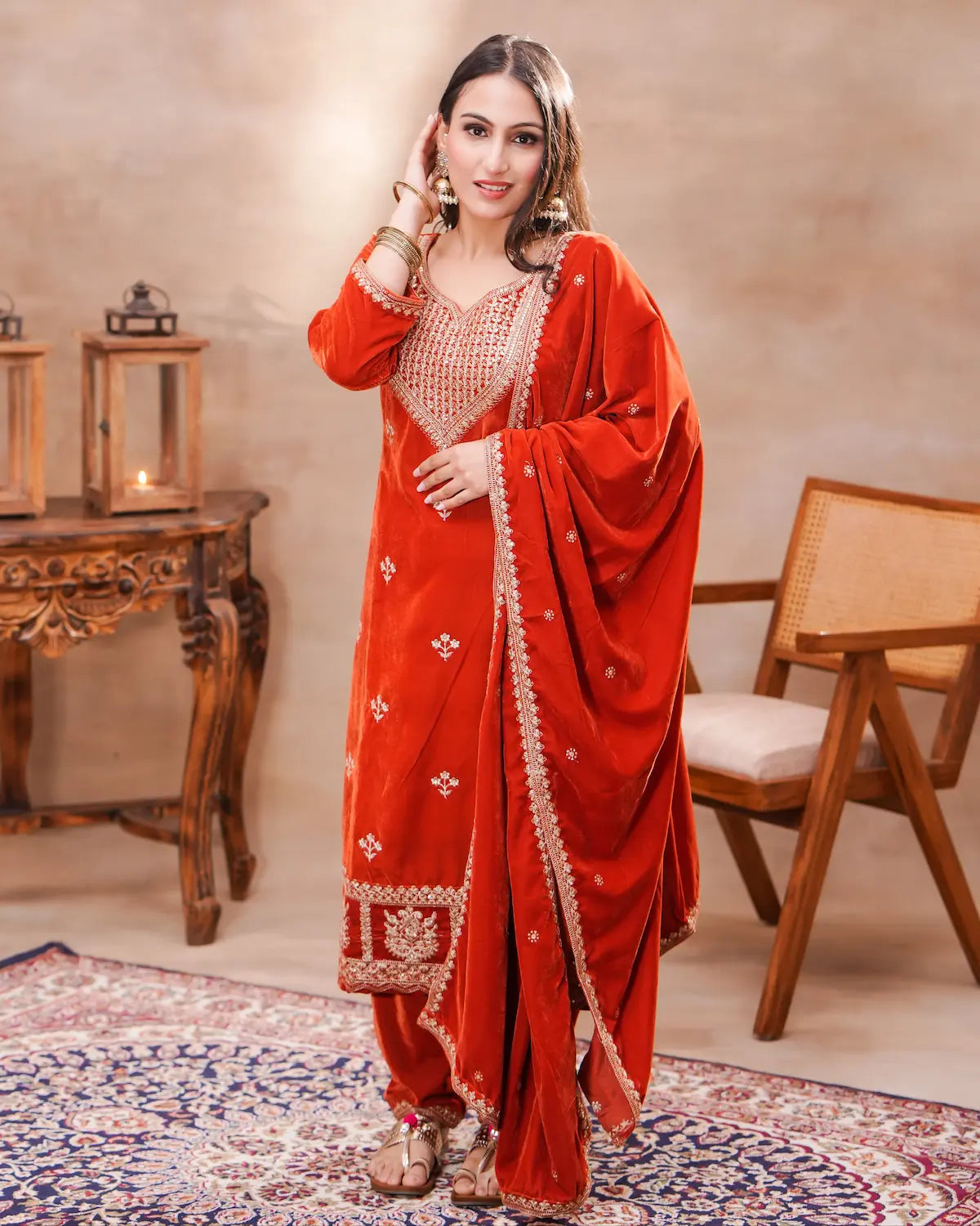 Rust Velvet Embroidered Suit Set with Dupatta – Shuchi Man
