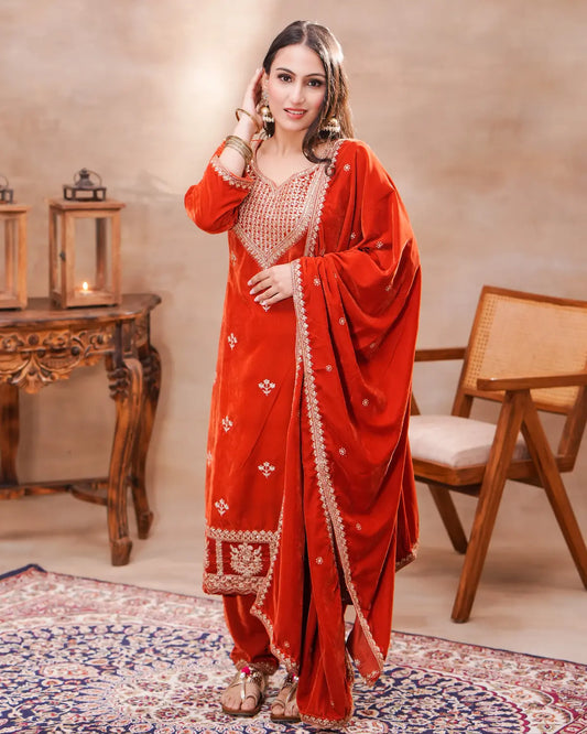 Rust Velvet Embroidered Suit Set with Dupatta – Shuchi Man