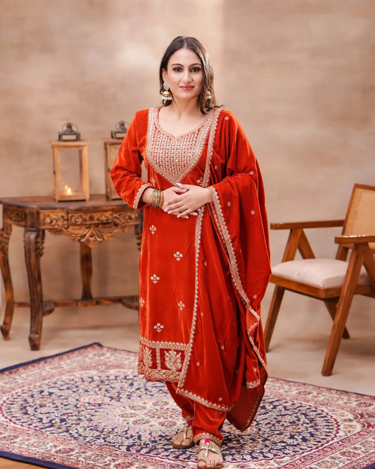 Rust Velvet Embroidered Suit Set with Dupatta – Shuchi Man