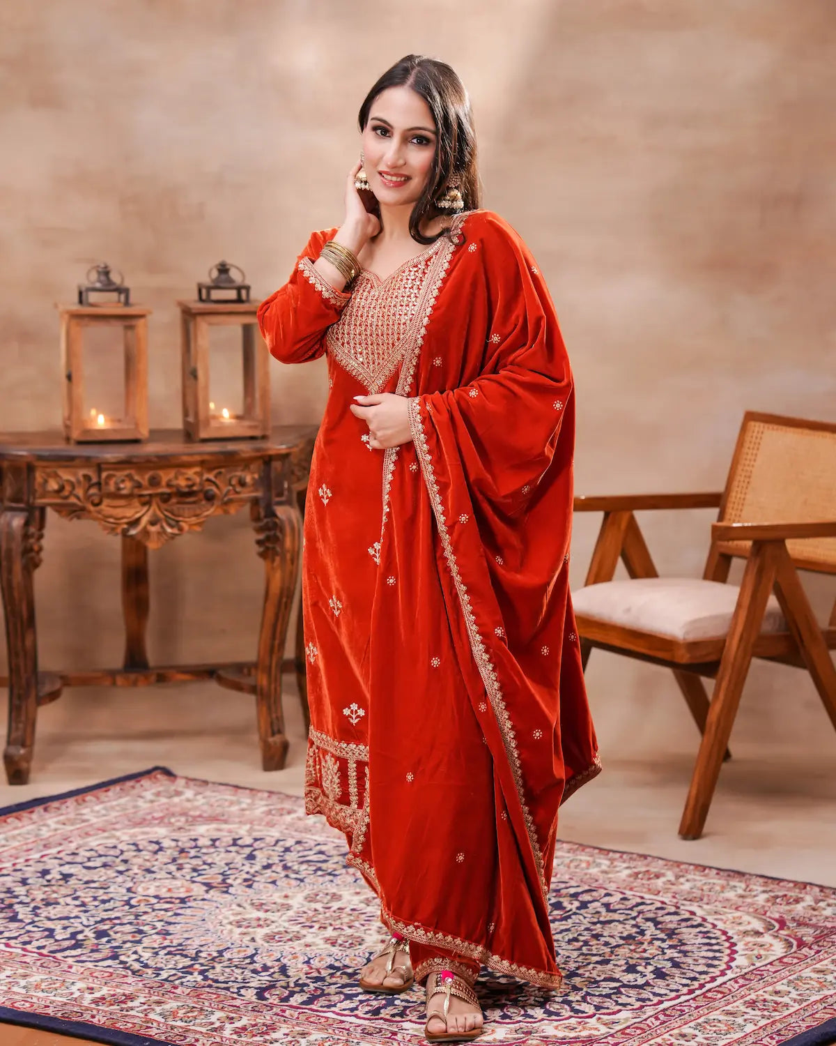 Rust Velvet Embroidered Suit Set with Dupatta – Shuchi Man