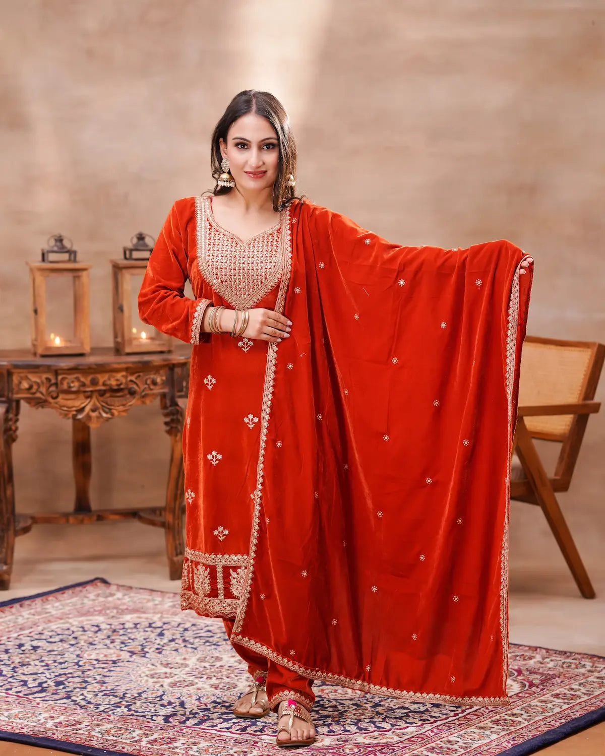 Rust Velvet Embroidered Suit Set with Dupatta – Shuchi Man