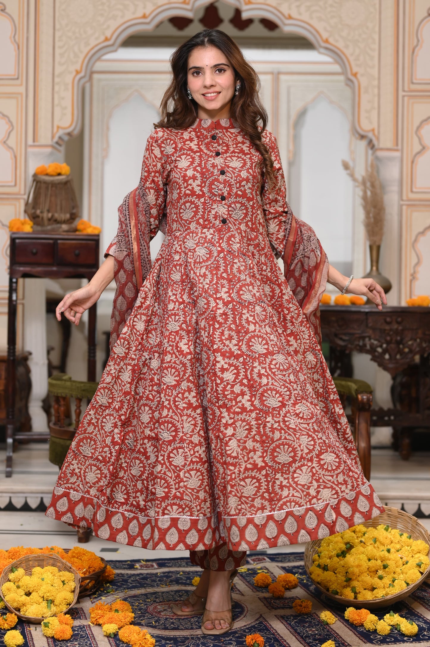 Red Bagru Anarkali With Kota Doriya Duptta
