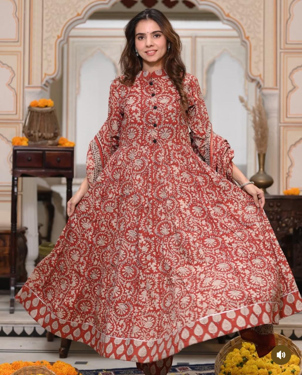Red Bagru Anarkali With Kota Doriya Duptta